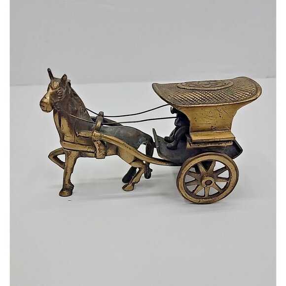 Vintage Handmade Brass Horse and Carriage Figurine Shelf Sitter Wheels Move - Picture 1 of 8